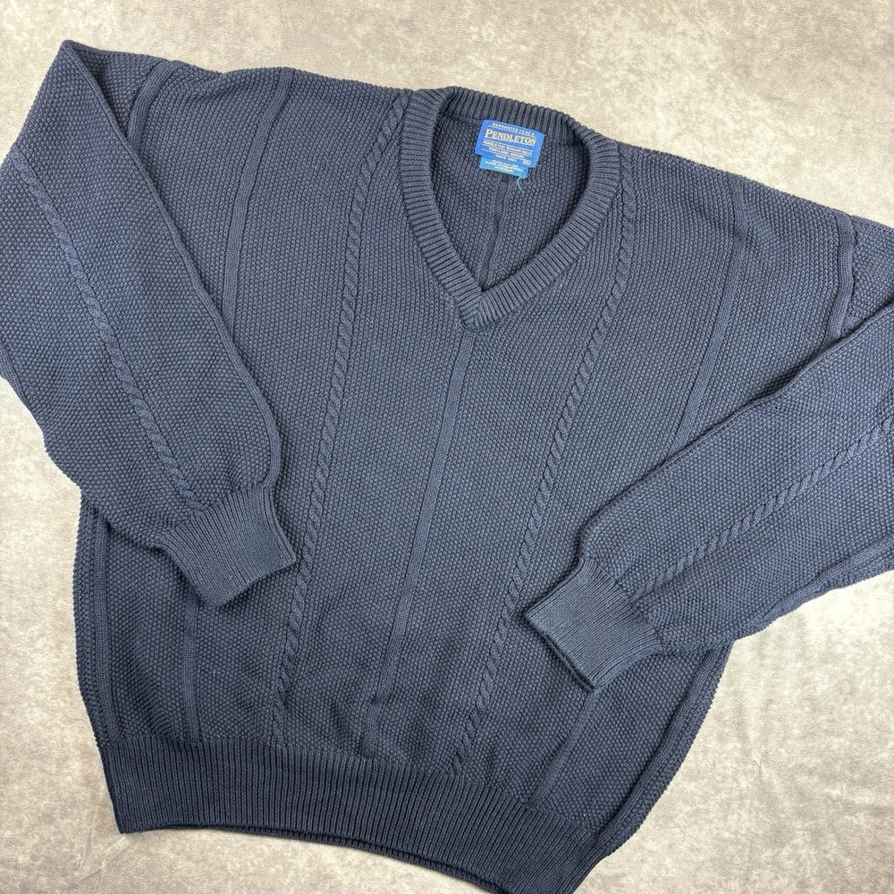 Pendleton Sweater Mens XL Blue V-Neck Grandpa Cable Knit Vintage Preppy Chunky